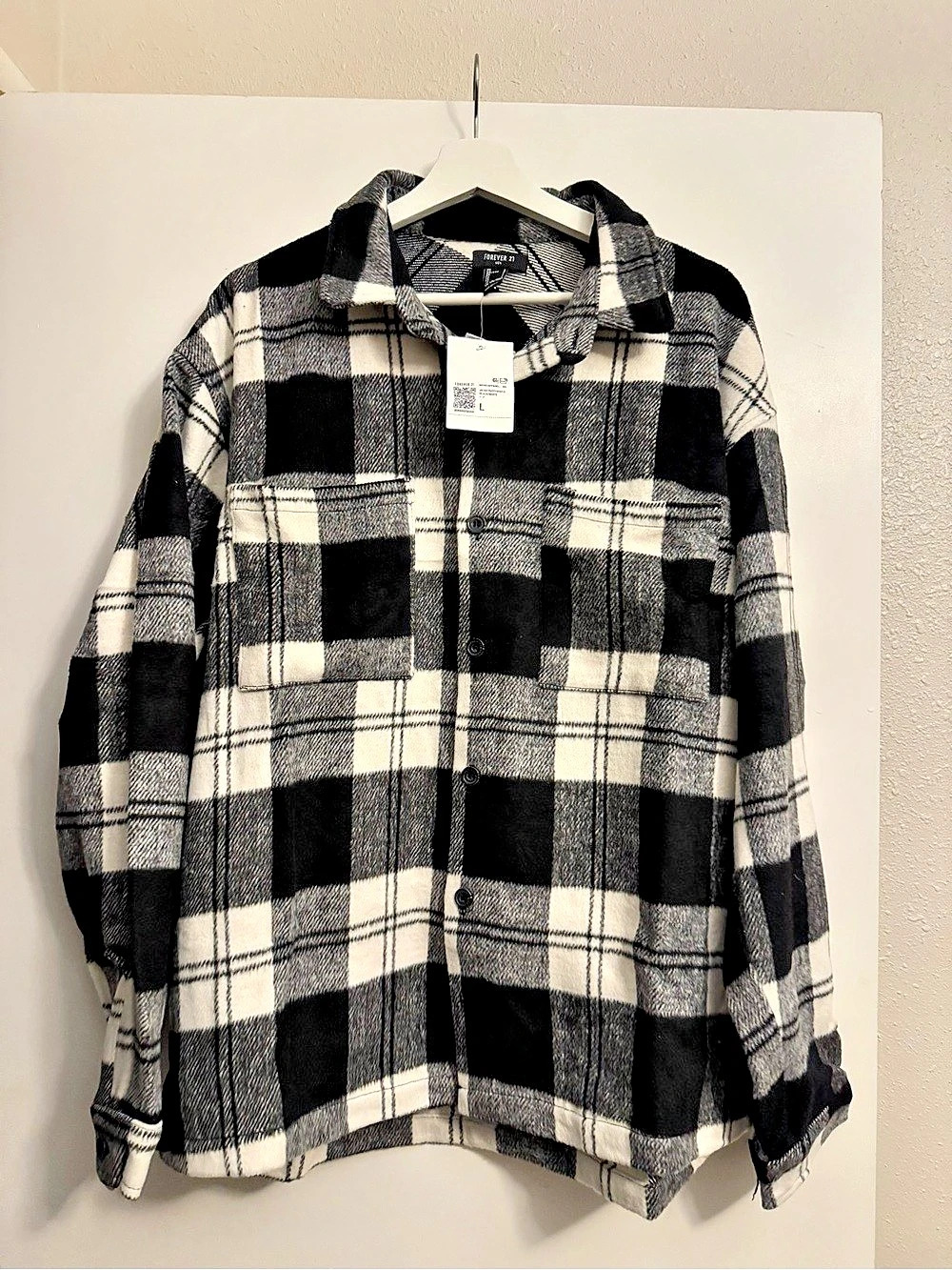 Forever 21 Black White Plaid Fleece Button-Up Shirt Jacket Shirt Jacket Large